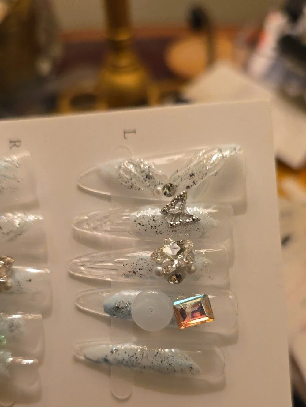 Light Blue Iridescent Crystal Accent Press-On Nail Set Size Large